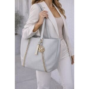 Badgley Mischka Grey Decorative Chain Tote NWT Pebbled Leather Shoulder Bag